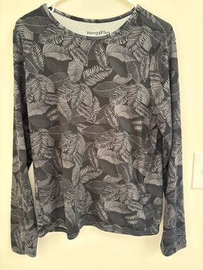 Hang Ten soft UPF 50+ Rash Guard Sun Shirt Black Gray Tropical Palm Athletic Top
